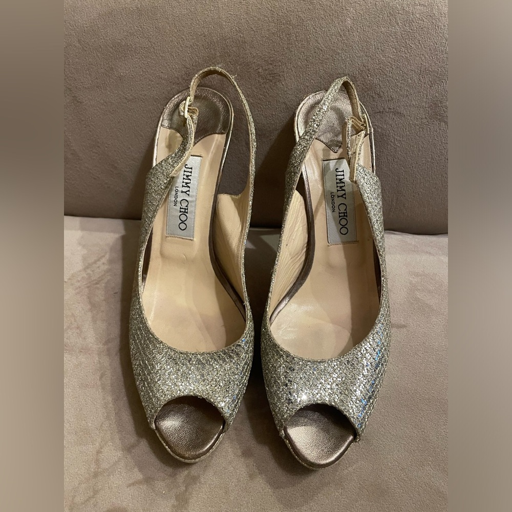 Jimmy Choo Nova Peep-Toe Sling Back Heels Champagne, Size EU 38, USA 7.5- $50